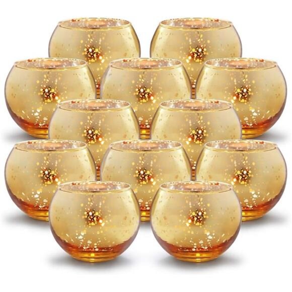 Round Gold Votive Candle Holders, Mercury Glass Candle Holder Set of 12 - Picture 1 of 7